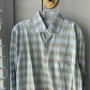 Peter Millar Blue and Tan Plaid Shirt Sze L, NWOT